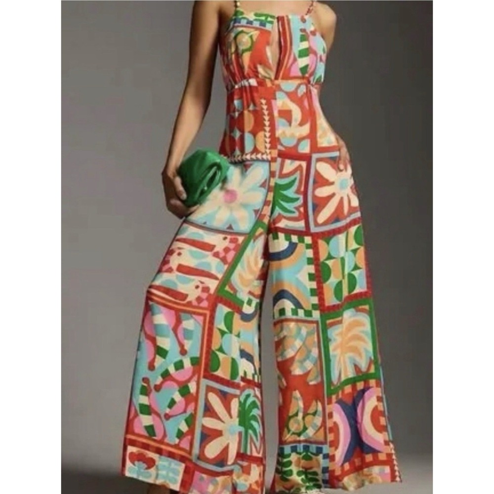 FARM Rio Anthropologie Beaded Strap Tropical Wide Leg Jumpsuit Size S